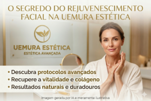 Foto de uma mulher de pele madura e radiante em uma clínica de estética, ao lado do logotipo dourado da Uemura Estética Avançada. O texto na imagem destaca protocolos avançados para recuperar a vitalidade e o colágeno com resultados naturais.