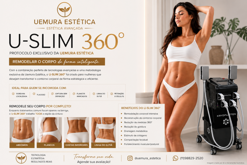 Banner sofisticado da Uemura Estética promovendo o protocolo U-SLIM 360°. A arte apresenta uma modelo de cabelos escuros usando conjunto branco, ao lado de um equipamento de criolipólise, com design minimalista em tons claros, dourado e bege. O banner destaca benefícios como redução de medidas, remodelação corporal, melhora da flacidez e definição da cintura.