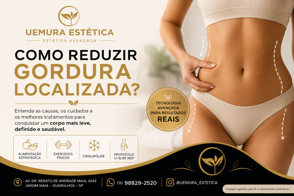 Mulher segurando gordura abdominal ilustrando redução de gordura localizada com criolipólise e protocolo U-Slim 360 da Uemura Estética em Guarulhos.