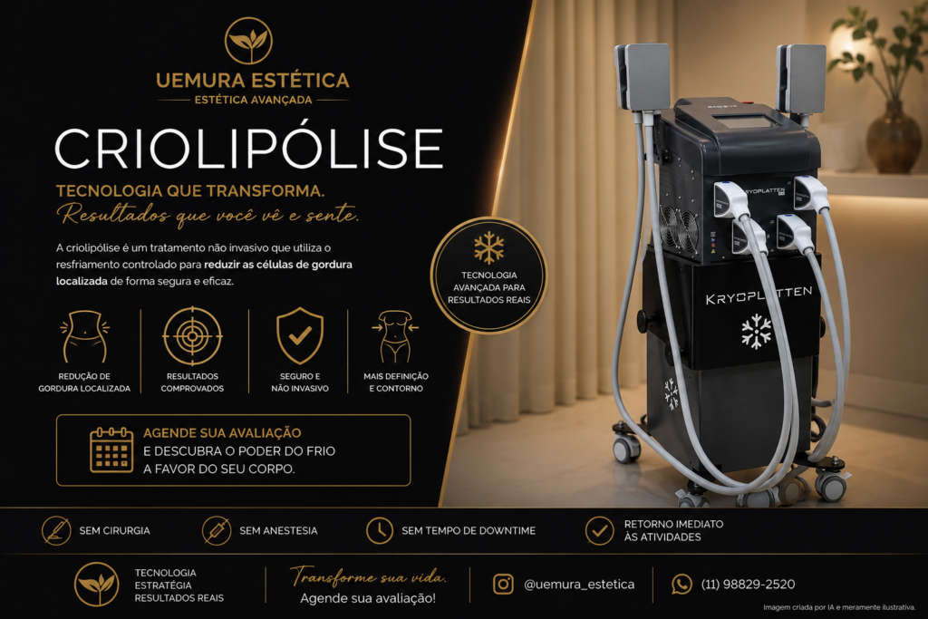 Arte publicitária sofisticada da Uemura Estética sobre criolipólise. O layout utiliza tons escuros com dourado elegante, apresentando o equipamento de criolipólise em destaque em um ambiente premium. O banner contém textos sobre redução de gordura localizada, definição corporal e tecnologia não invasiva, além do logo da clínica e informações de contato.