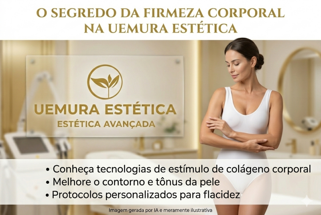 Modelo feminina vestindo maiô branco em uma clínica de estética sofisticada, demonstrando o cuidado com a firmeza da pele do corpo. Ao lado, o logotipo dourado da Uemura Estética Avançada e um painel com tópicos sobre estímulo de colágeno corporal e melhora do contorno e tônus da pele.