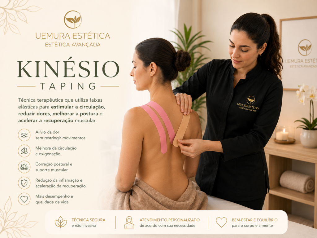 Aplicação de kinésio taping em mulher em clínica de estética em Guarulhos