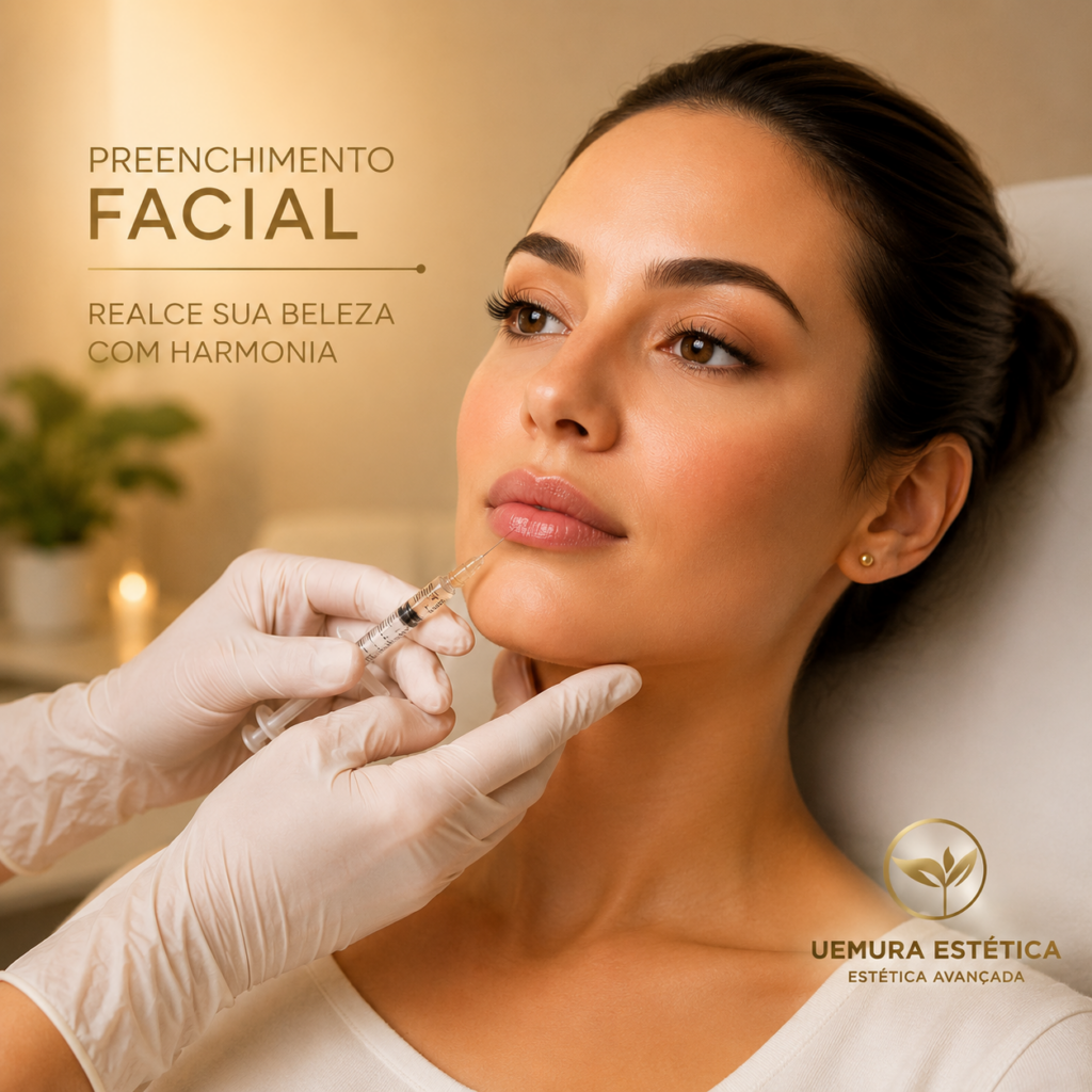 Mulher com cabelos presos recebendo aplicação estética nos lábios em clínica especializada em preenchimento facial em Guarulhos.