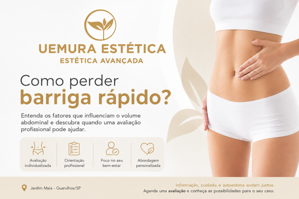 Ilustração da Uemura Estética Avançada com mulher mostrando a região abdominal e informações sobre como perder barriga rápido, destacando avaliação profissional em Guarulhos.