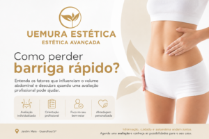 Ilustração da Uemura Estética Avançada com mulher mostrando a região abdominal e informações sobre como perder barriga rápido, destacando avaliação profissional em Guarulhos.